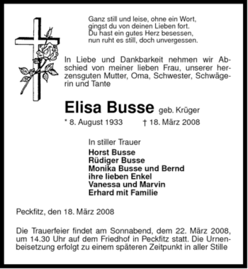 Traueranzeige von Elisa Busse, von ALLGEMEINE ZEITUNG UELZEN