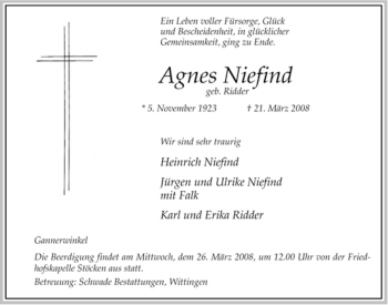 Traueranzeige von Agnes Niefind von ALLGEMEINE ZEITUNG UELZEN