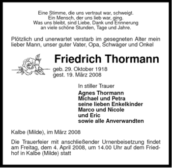 Traueranzeige von Friedrich Thormann von ALLGEMEINE ZEITUNG UELZEN