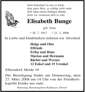 Traueranzeige von Elisabeth Bunge von ALLGEMEINE ZEITUNG UELZEN