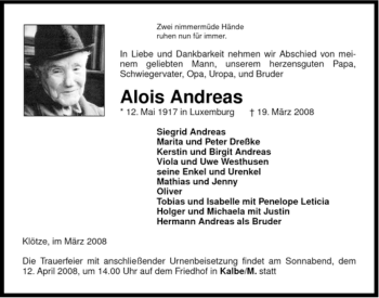 Traueranzeige von Alois Andreas von ALLGEMEINE ZEITUNG UELZEN