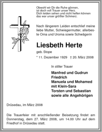 Traueranzeige von Liesbeth Herte von ALLGEMEINE ZEITUNG UELZEN