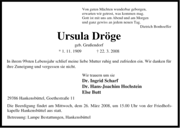 Traueranzeige von Ursula Dröge von ALLGEMEINE ZEITUNG UELZEN