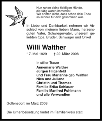 Traueranzeige von Willi Walther von ALLGEMEINE ZEITUNG UELZEN