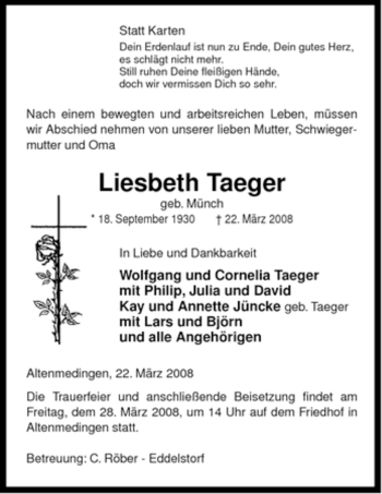 Traueranzeige von Liesbeth Taeger von ALLGEMEINE ZEITUNG UELZEN