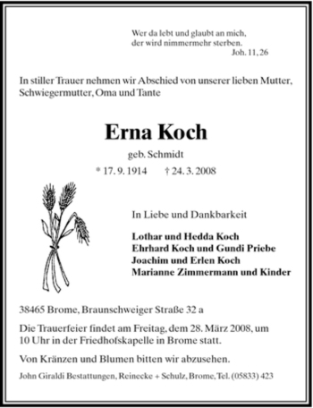 Traueranzeige von Erna Koch von ALLGEMEINE ZEITUNG UELZEN