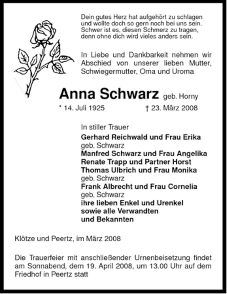  Traueranzeige für Anna Schwarz vom 26.03.2008 aus ALLGEMEINE ZEITUNG UELZEN