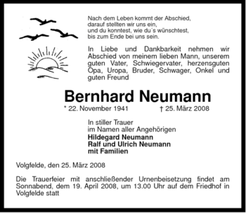 Traueranzeige von Bernhrad Neumann von ALLGEMEINE ZEITUNG UELZEN