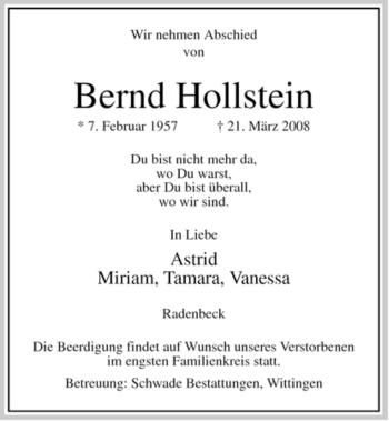 Traueranzeige von Bernd Hollstein von ALLGEMEINE ZEITUNG UELZEN