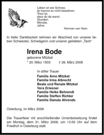 Traueranzeige von Irena Bode von ALLGEMEINE ZEITUNG UELZEN