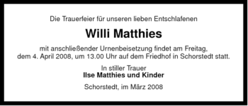 Traueranzeige von Willi Matthies von ALLGEMEINE ZEITUNG UELZEN