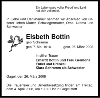 Traueranzeige von Elsbeth Bottin von ALLGEMEINE ZEITUNG UELZEN