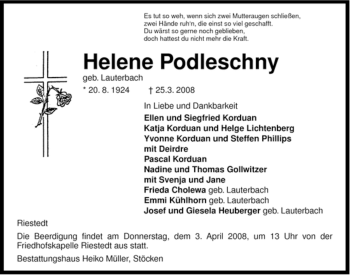 Traueranzeige von Helene Podleschny von ALLGEMEINE ZEITUNG UELZEN