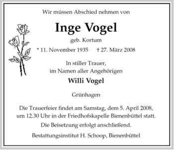 Traueranzeige von Inge Vogel von ALLGEMEINE ZEITUNG UELZEN