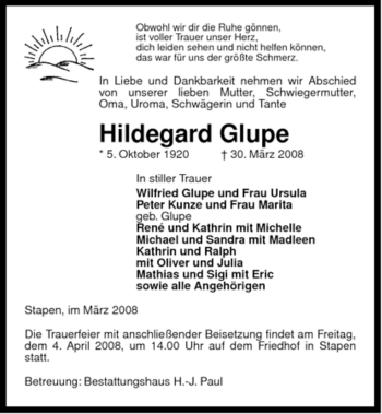 Traueranzeige von Hildegard Glupe von ALLGEMEINE ZEITUNG UELZEN