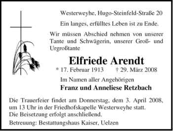 Traueranzeige von Elfriede Arendt von ALLGEMEINE ZEITUNG UELZEN