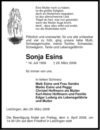 Traueranzeige von Sonja Esins von ALLGEMEINE ZEITUNG UELZEN