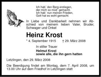 Traueranzeige von Heinz Krost von ALLGEMEINE ZEITUNG UELZEN