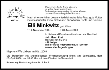 Traueranzeige von Elli Minkwitz von ALLGEMEINE ZEITUNG UELZEN