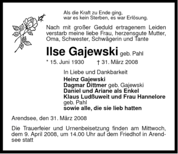 Traueranzeige von Ilse Gajewski von ALLGEMEINE ZEITUNG UELZEN