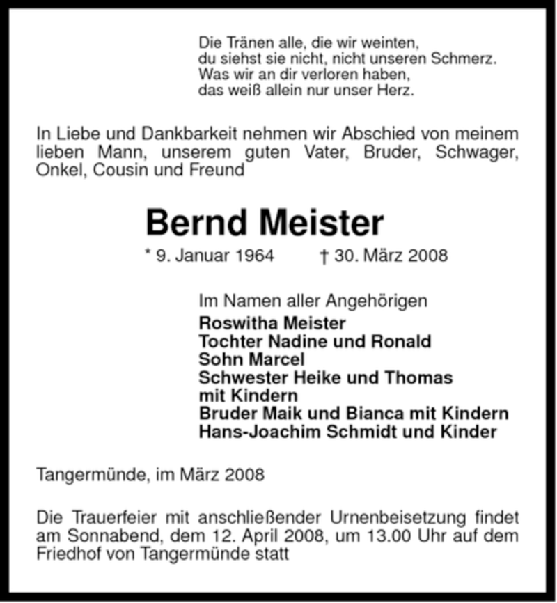  Traueranzeige für Bernd Meister vom 03.04.2008 aus ALLGEMEINE ZEITUNG UELZEN