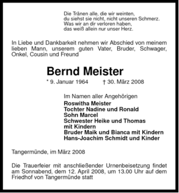 Traueranzeige von Bernd Meister von ALLGEMEINE ZEITUNG UELZEN