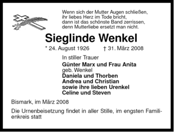 Traueranzeige von Sieglinde Wenkel von ALLGEMEINE ZEITUNG UELZEN