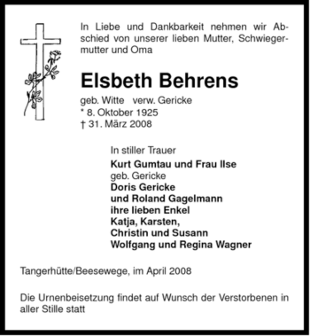 Traueranzeige von Elsbeth Behrens von ALLGEMEINE ZEITUNG UELZEN