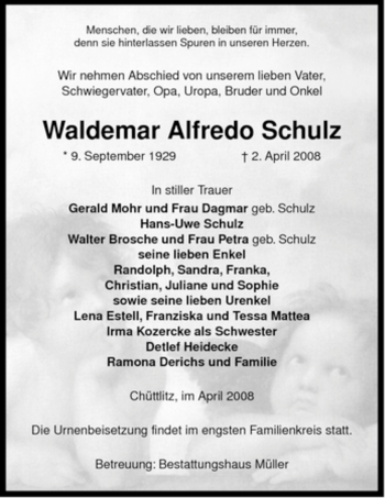 Traueranzeige von Waldemar Alfredo von ALLGEMEINE ZEITUNG UELZEN