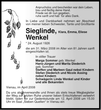 Traueranzeige von Sieglinde Wenkel von ALLGEMEINE ZEITUNG UELZEN