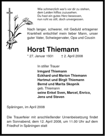 Traueranzeige von Horst Thiemann von ALLGEMEINE ZEITUNG UELZEN