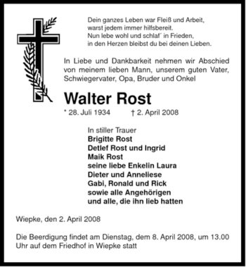 Traueranzeige von Walter Rost von ALLGEMEINE ZEITUNG UELZEN