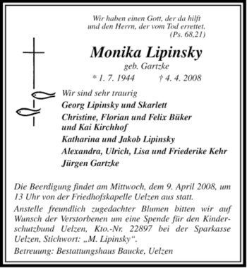 Traueranzeige von Monika Lipinsky von ALLGEMEINE ZEITUNG UELZEN