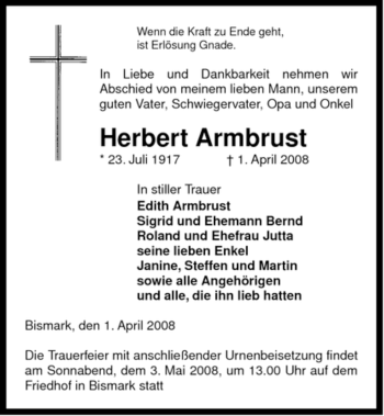 Traueranzeige von Herbert Armbrust von ALLGEMEINE ZEITUNG UELZEN