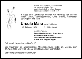 Traueranzeige von Ursula Marx von ALLGEMEINE ZEITUNG UELZEN