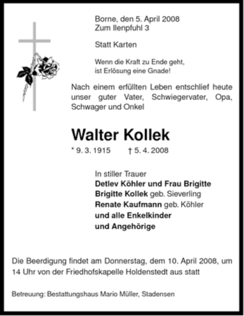 Traueranzeige von Walter Kollek von ALLGEMEINE ZEITUNG UELZEN