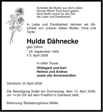 Traueranzeige von Hulda Dähnecke von ALLGEMEINE ZEITUNG UELZEN