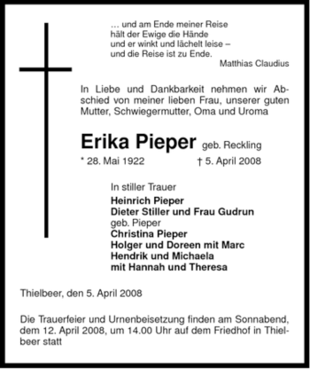 Traueranzeige von Erika Pieper von ALLGEMEINE ZEITUNG UELZEN