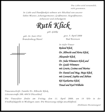 Traueranzeige von Ruth Klick von ALLGEMEINE ZEITUNG UELZEN