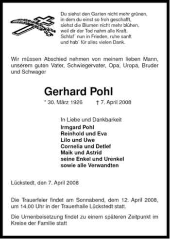 Traueranzeige von Gerhard Pohl von ALLGEMEINE ZEITUNG UELZEN