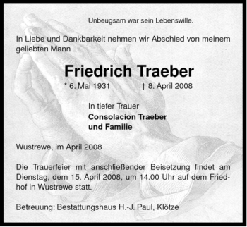 Traueranzeige von Friedrich Traebert von ALLGEMEINE ZEITUNG UELZEN