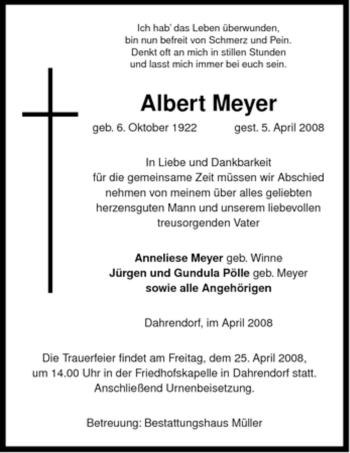 Traueranzeige von Albert Meyer von ALLGEMEINE ZEITUNG UELZEN