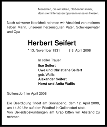 Traueranzeige von Herbert Seifert von ALLGEMEINE ZEITUNG UELZEN