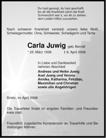 Traueranzeige von Carla Juwig von ALLGEMEINE ZEITUNG UELZEN