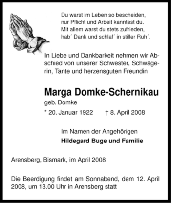 Traueranzeige von Marga Domke-Schernikau von ALLGEMEINE ZEITUNG UELZEN