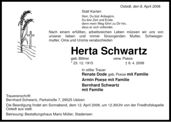 Traueranzeige von Herta Schwartz von ALLGEMEINE ZEITUNG UELZEN
