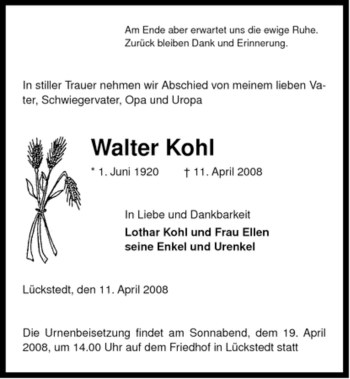 Traueranzeige von Walter Kohl von ALLGEMEINE ZEITUNG UELZEN