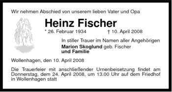 Traueranzeige von Heinz Fischer von ALLGEMEINE ZEITUNG UELZEN