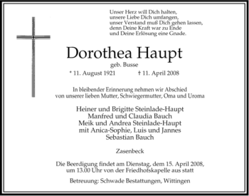 Traueranzeige von Dorothea Haupt von ALLGEMEINE ZEITUNG UELZEN