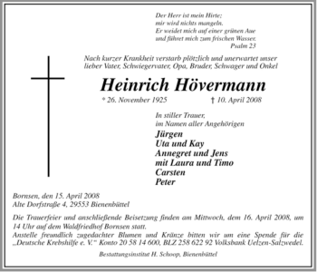 Traueranzeige von Heinrich Hövermann von ALLGEMEINE ZEITUNG UELZEN